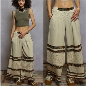 POL Oatmeal Floral Print Lace Wide leg Pants